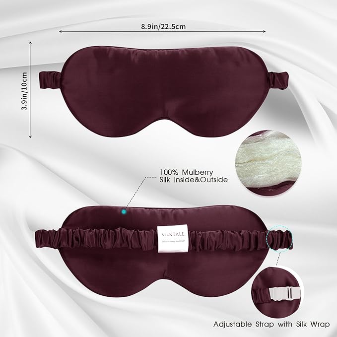 100% Mulberry Silk Eye Mask for Sleeping with Silk Wrapped Adjustable Strap,Burgundy