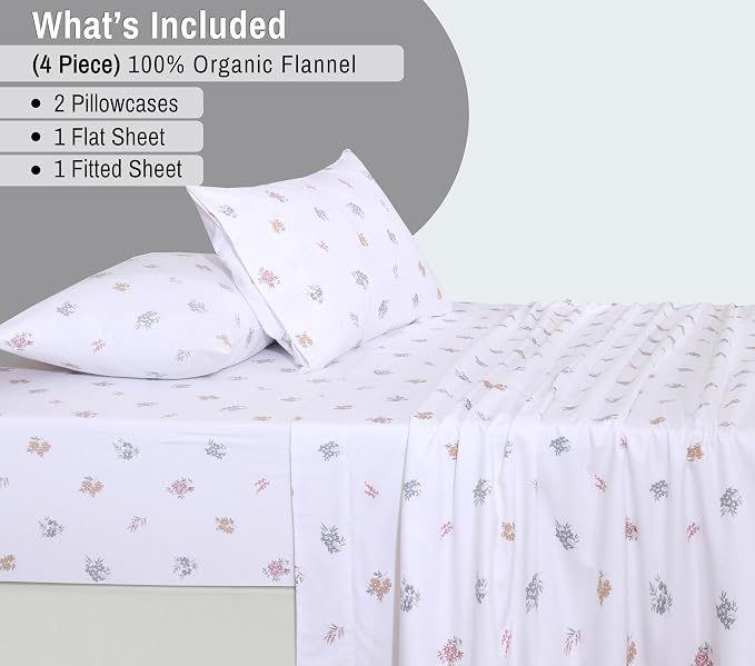 RUVANTI Flannel Sheets King Size - GOTS Certified 100% Organic Cotton, 4 Piece Warm, Soft & Breathable Set, Deep Pocket Snug Fit, Double Brushed Cozy All Season Bedding, Floral