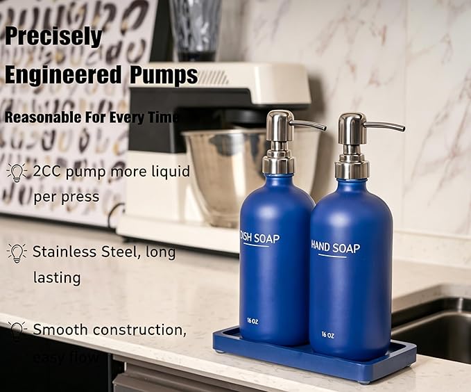 Navy Blue Soap Dispenser Set, Glass Soap Dispenser with Stainless Steel Pump & Tray, Farmhouse Hand Soap Dispenser & Dish Soap Dispenser for Bathroom Kitchen Sink(2 Blue)
