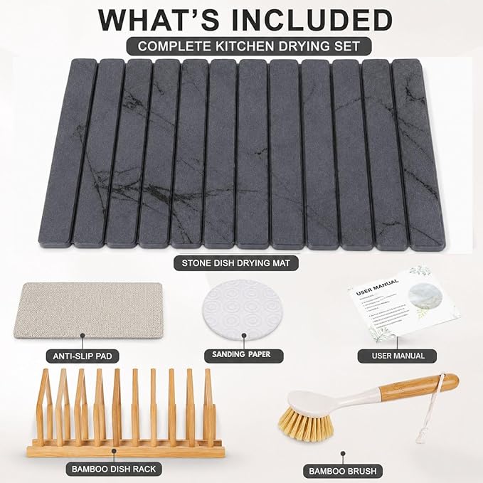 Stone Drying Mat for Kitchen Counter, 24"(L)×16"(W), Diatomaceous Earth Dish Drying Mat for Kitchen Counter, Quick Dry Stone Dishes Mats, Foldable Quick Dry Mats for kitchen, Bathroom, Dark Gray