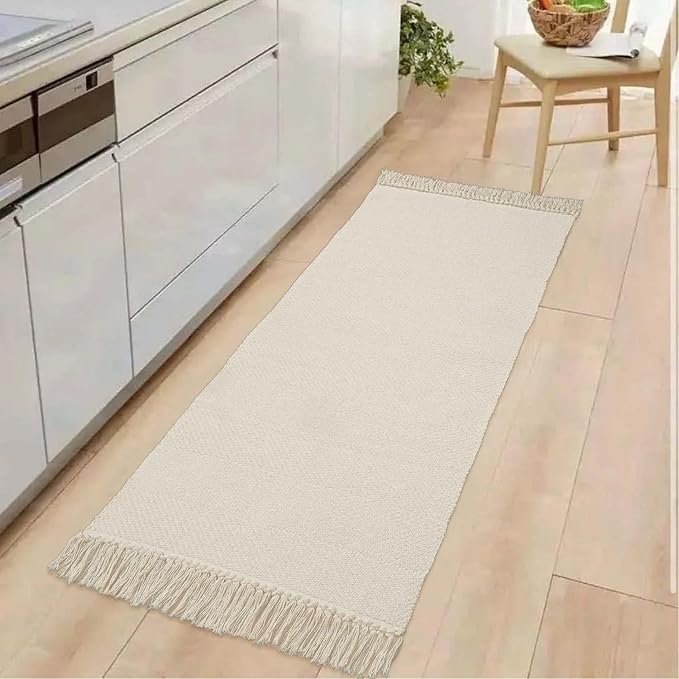 Collive Kitchen Runner Rug, 2' x 4.3' Hand-Woven Reversible Washable Rug, White/Beige Cotton Modern Farmhouse Bathroom Rug Hallway Carpet for Foyer Bedroom Entry Back Door Decor