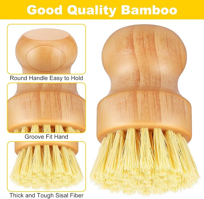 9 Pcs Bamboo Dish Brush Set, Multifunctional Dishwashing Scrubber with Natural Sisal Bristles, Wooden Dish Brush for Cleaning Pots, Dishes, Pans, Vegetables