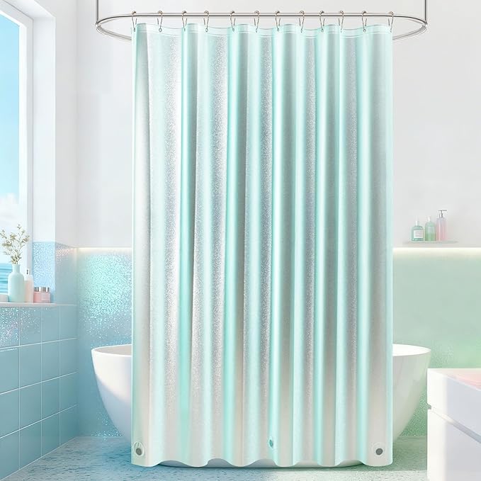 Seenus Waterproof Plastic Glitter Shower Curtain Teal, Sparkle PEVA Shower Curtain Liner with 3 Large Magnets, 72 x 72 inch Aqua Green Cute Bathroom Shimmer Shower Curtain Lightweight