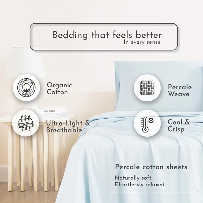 Linen Closet 100% Organic Cotton Full Size Sheets Set, 4 Pcs, Light Blue - Percale Bed Sheets & Pillowcases Set - Up To 16" Deep Pocket Fitted Sheet - Cooling, Crisp & Breathable - For Hot Sleepers