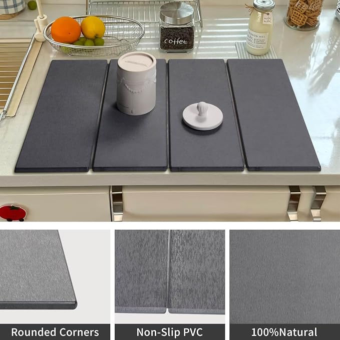 Stone Dish Drying Mat - Large Foldable Marbled Quick Drying Dish Mats, Stone Coasters Set of 4 Collapsible Ultra Absorbent Diatomaceous Earth Mats for Kitchen Counter Bathroom (Grey-4Pcs)