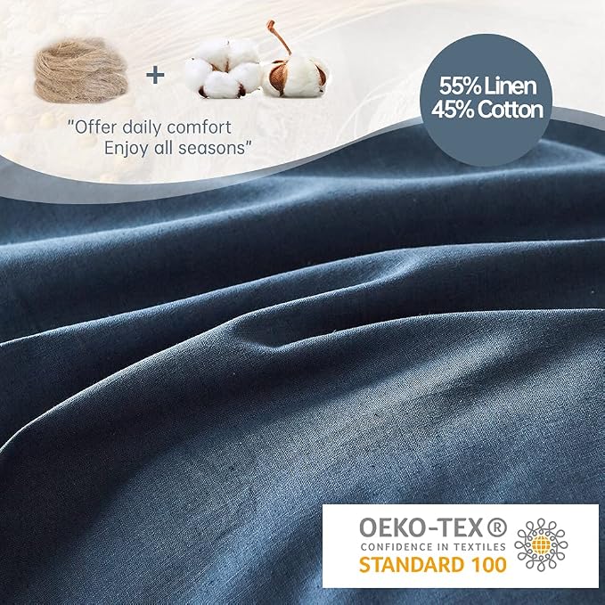 Simple&Opulence French Linen Duvet Cover Set 88" x 92"- 3 Pieces (1 Comforter Cover,2 Pillowcases)- Natural Flax Cotton Blend-Solid Color Breathable Farmhouse Bedding-Navy Blue, Queen