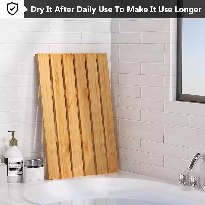 Waterproof Solid Wooden Shower Mat,Bathroom Bamboo Bath Mat,Natural Wooden Bath Mats,Duck Board,with Non Slip Feet, for Kitchen Bedroom Bathtub Doormat Pet Mats(W65xL75cm)