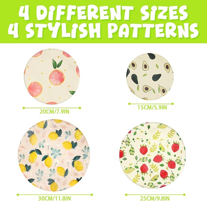 4-Pack Reusable Beeswax Bowl Covers with Fruit Pattern, 6/8/10/12 Inch Elastic Cotton Food Storage Covers for Bread Proofing, Sourdough Dough, Kitchen Containers & Food Storage