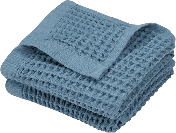 DEMMEX Organic Cotton Waffle Weave Turkish Hand Towels for Bathroom & Kitchen, Large 20x30 in, 100% Oeko-TEX Certified Ultra Soft Cotton, Lightweight Quick Dry Waffle Hand Towels, Set 2 (Slate Blue)
