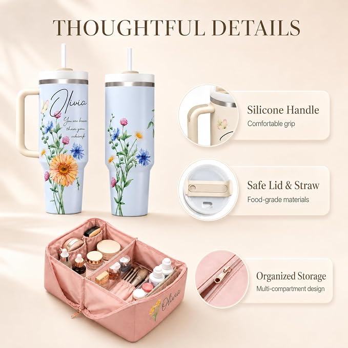 Personalized 40 oz Floral Tumbler with Optional Makeup Bag, Custom Name Insulated Stainless Steel Travel Cup with Straw, Personalized 2-In-1 Gifts for Teacher Appreciation, Women Mom Sister Grandma