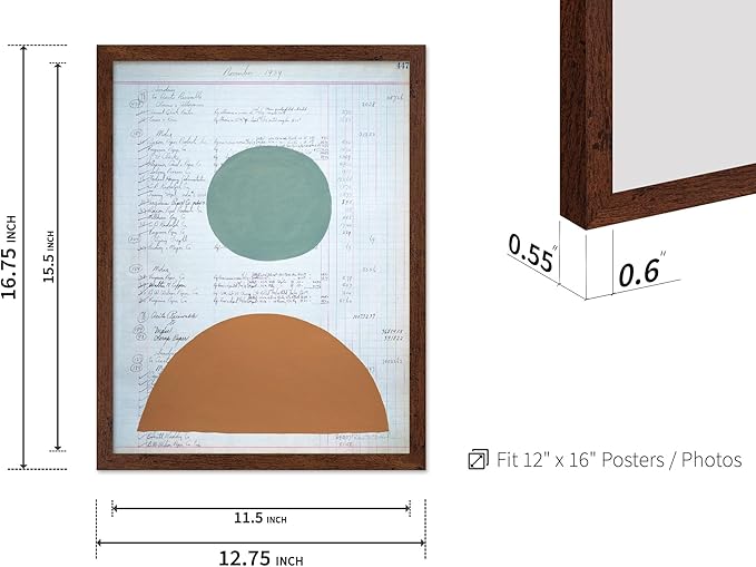 Monem Art Vintage Ledger Abstract Geometric Print - Modernist Teal and Ochre Art Poster - Wall Decor for Office, Living Room or Studio - 12x16 Brown Framed Wall Art by Renee Stramel