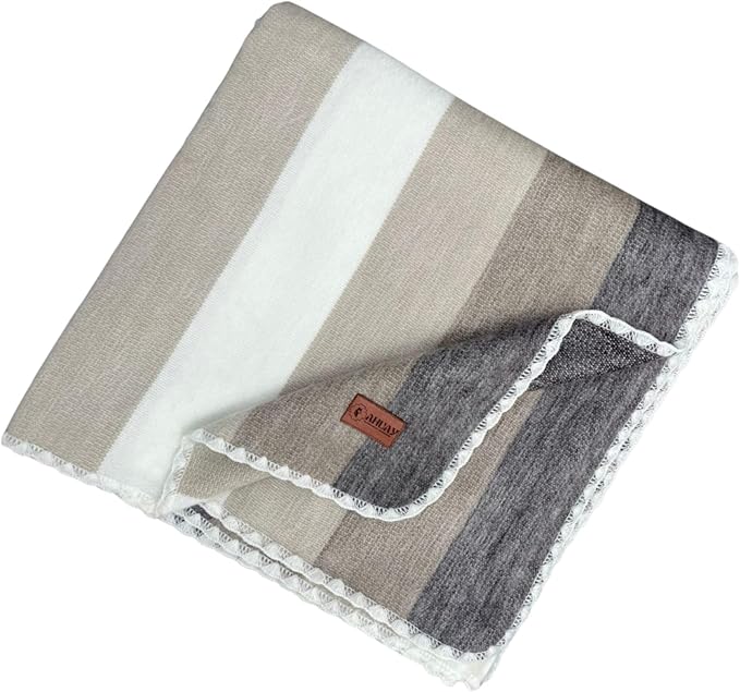Alpaca Wool Throw Blanket, Natural Beige Striped, 65 x 48 | Cozy, Ultra-Soft, Naturally Warm, Lightweight & Breathable, Non-Itchy
