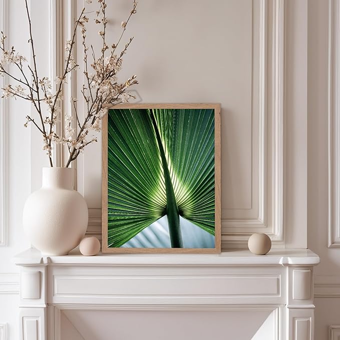 Monem Art Tropical Palm Leaf Macro Photography Print - Minimalist Botanical Nature Art Poster - Wall Decor for Living Room, Bedroom or Office - 8x10 Beige Framed Wall Art by Mareike Bohmer