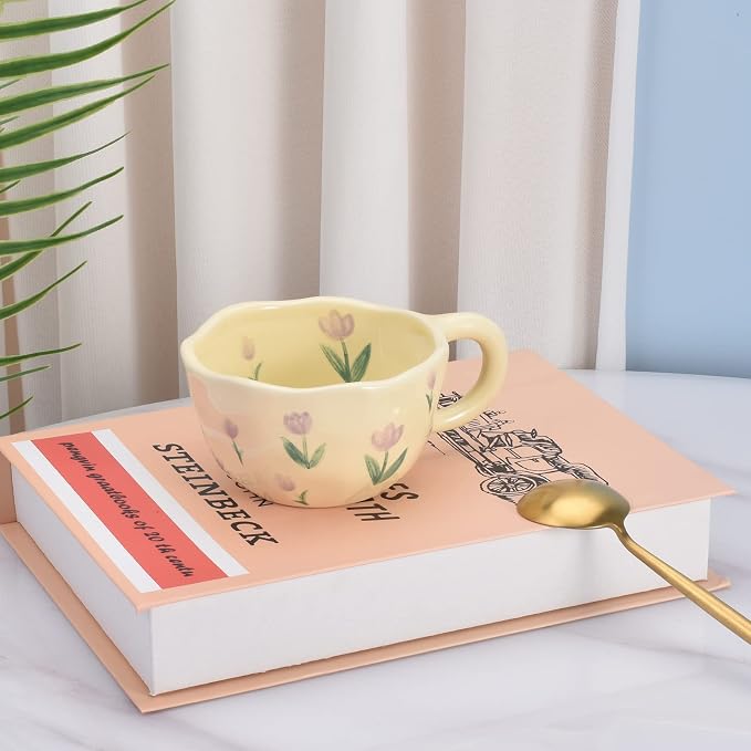 Koythin Ceramic Coffee Mug, Creative Flower Cup for Office and Home, Dishwasher and Microwave Safe, 8.5 oz/250 ml for Latte Tea Milk (Purple Tulip)