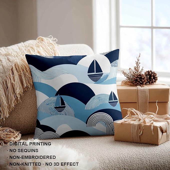 Shrahala Maritime Ocean Waves Decorative Throw Pillow Cover, Sailboat Coastal Vibes Square Pillowcase Blended Double-Sided No Inserts for Bedroom Living Room Set of 2 (24 X 24 in)