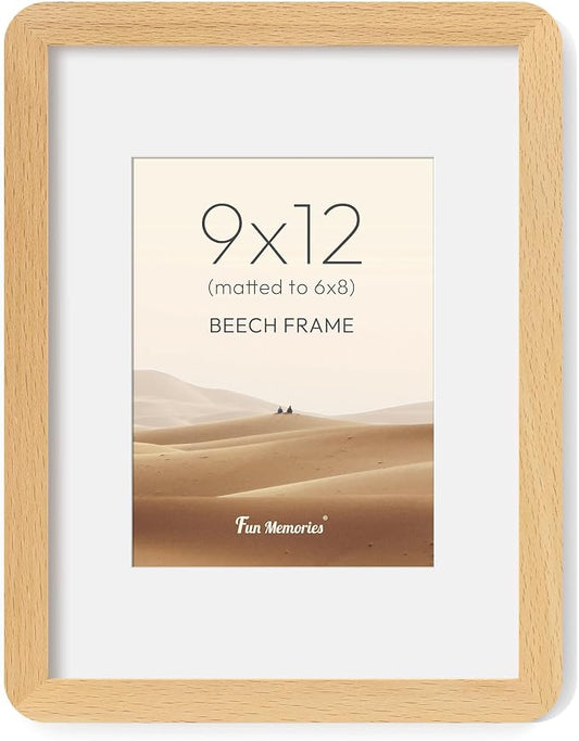 Fun Memories 9x12 Picture Frame - Solid Beech Wood Frame with Real Glass, 9x12 Wooden Frame with Mat for 6x8, Perfect for Horizontal or Vertical Hanging by Wall, Natural Beech