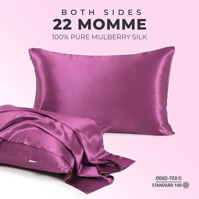 100% Pure Mulberry Silk Pillowcase for Hair and Skin, 6A Grade 22 Momme Silk Pillow Cases with Zipper, Soft Cooling Washable Both Sided Silk Pillow Cover (Crimson Purple, King 20''x36’’)