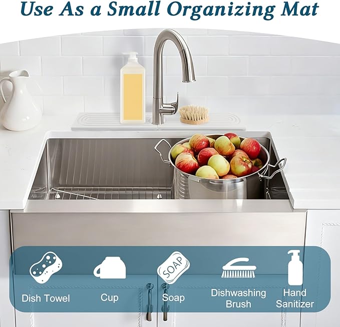 Diatomite Quick-Drying Stone Mat Set, Stone Mat for Kitchen Sink & Bathroom Sink Cover for Counter Space, Fits Soap Cups Sponges, Fast Water-Absorbing to Keep Dry (White, 15.7×3.9inch)