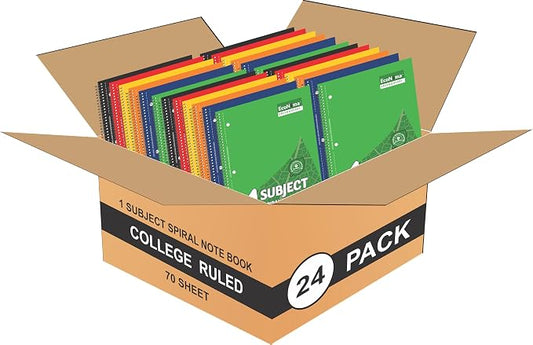 Subject Book Spiral Notebook Pack of 24 College Ruled 140 Pages (70 Sheets) 8" × 10.5" Perforated Carbon Neutral 3-Hole Punched Back to School 2026 Eco-Friendly School & Office Supply Assorted Colors