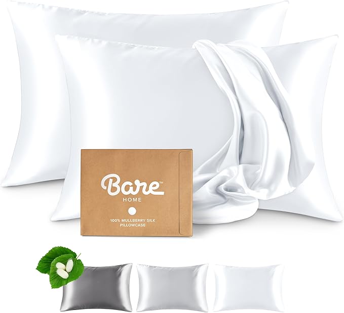 Bare Home 100% Mulberry Silk Pillowcase for Hair and Skin - Ultra Premium 6A Grade 19 Momme Silk Pillow Case - Hidden Zipper - Breathable Cooling Pillow Cover (King 2 Pack, White)
