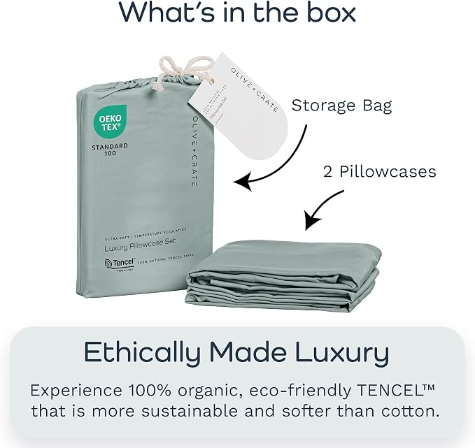 Olive + Crate Tencel Eucalyptus Pillowcases - 100% Tencel Lyocell Cooling Pillow Cases for Hot Sleepers - Hypoallergenic, Moisture-Wicking, Silk Alternative, Vegan, Standard Size Set of 2 [Eucalyptus]
