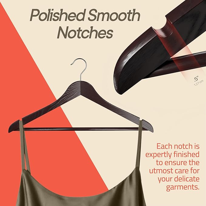 Cherry Wooden Hangers 5 Pack – Heavy-Duty with 360° Swivel Hook, Non-Slip, Pants Bar & Shoulder Grooves - Wooden Hangers for Suits, Jackets, Dresses & Camisoles, Space-Saving and Smooth Finish