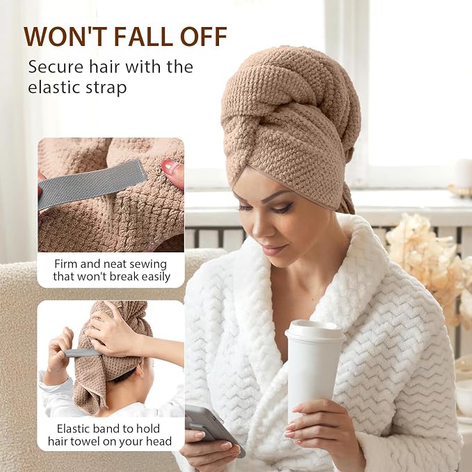 YFONG Large Hair Towel Wrap for Women, Super Absorbent Microfiber Hair Towel for Curly Hair, Fast Drying Hair Turbans with Elastic,Hair Drying Towel Wrap for Hair Care Anti Friz 26.3" X 40" (Brown)