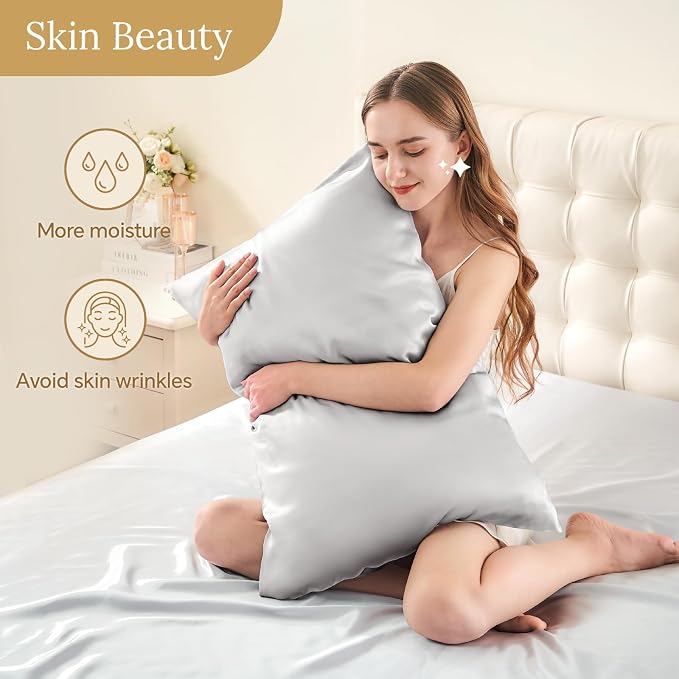 INFIIXSO Mulberry Silk Pillowcase for Hair and Skin, Silk Pillow Cases Queen Size Set of 2 with Hidden Zipper 20x30 Inches, Ultra Soft Cooling Pillow Cases for Hot Sleepers(Light Grey, 2 Pack)