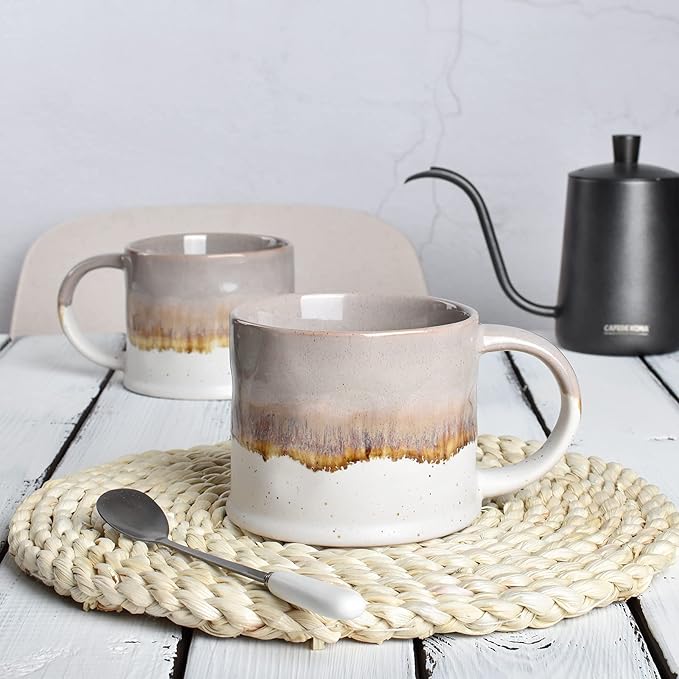 Bosmarlin Medium Ceramic Coffee Mug Set of 2, 15 oz, Stoneware Tea Cup for Office and Home, Dishwasher and Microwave Safe (Grey, 2)