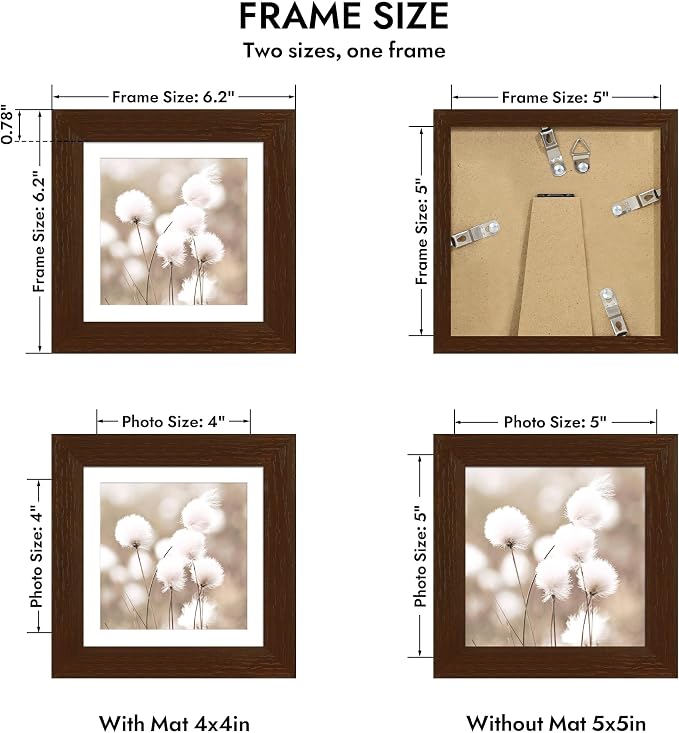 Hongkee 5x5 Oak Wood Picture Frame 1 Pack(Matted 4x4) with Real Glass Cover | Walnut, 5 x 5 Solid Wood Frame for Wall or Tabletop Display - Includes Easel Back, Vertical Hang - Ideal for Home, Office