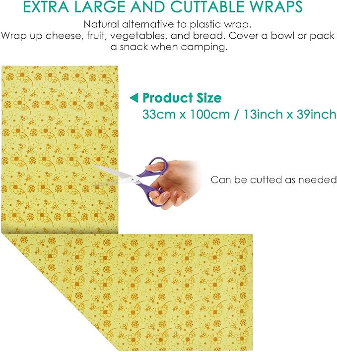 Reusable Beeswax Food Wraps, 13x39 Inch Eco-Friendly Beeswax Wraps for Bread Sustainable Food Storage Wraps Beeswax Paper Roll for Sandwich, Cheese