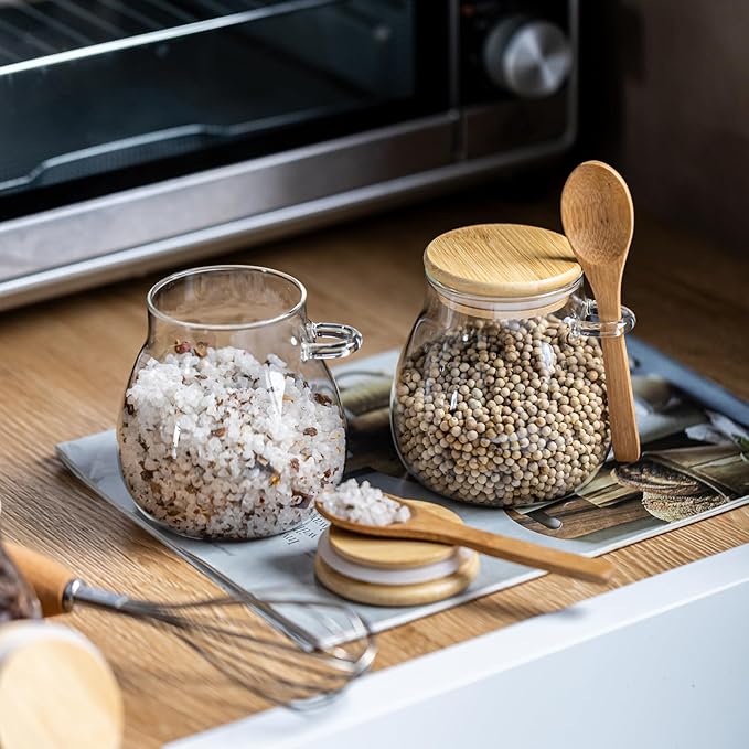Airtight Glass Food Storage Jars with Bamboo Lid and Spoon - Wide Mouth Leak Proof Kitchen Canisters for Coffee Beans,Tea Leaves,Cereal,Flour,Nuts,and Pantry Organization (16oz 4PCS)
