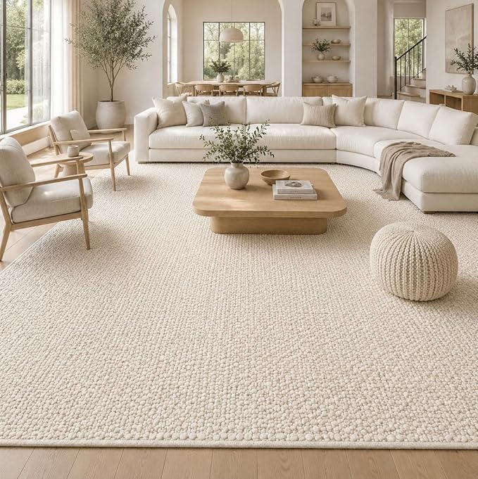 Handwoven Wool Area Rug - Hand Woven Natural Carpet Rugs- Bedroom Living Room Dining Room (Ivory- 10'x14')