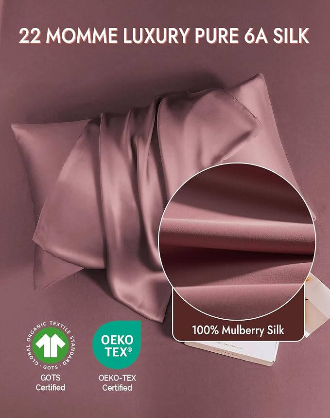 SilkSilky 100% Mulberry Silk Pillowcase - Pure 22 Momme High-Grade 6A Fibers for Hair & Skin, Hidden Zipper, Natural, Organic, Breathable & Cooling Pillow Case (Standard 20''x26'', PaleMauve)