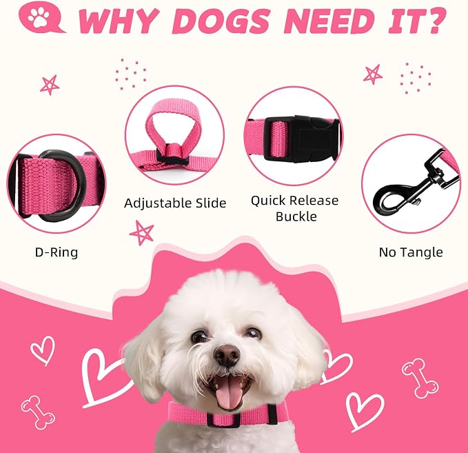 Rose Pink Dog Collar and Leash Set for Small Dogs, Breathable, Anti-Odor & Soft, Comfortable for Sensitive Skin Puppies, 90% Bamboo Rayon, Adjustable Quick-Release Buckle Pet Collar for Chihuahuas