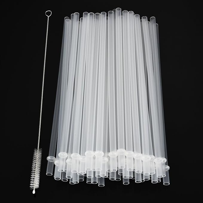 Jovitec 50 Pieces Plastic Straws Reusable for Tumblers Mason Jars Milkshakes Smoothies Reusable Hard Plastic Drinking Straws with Cleaning Brush(9 Inch,Clear)