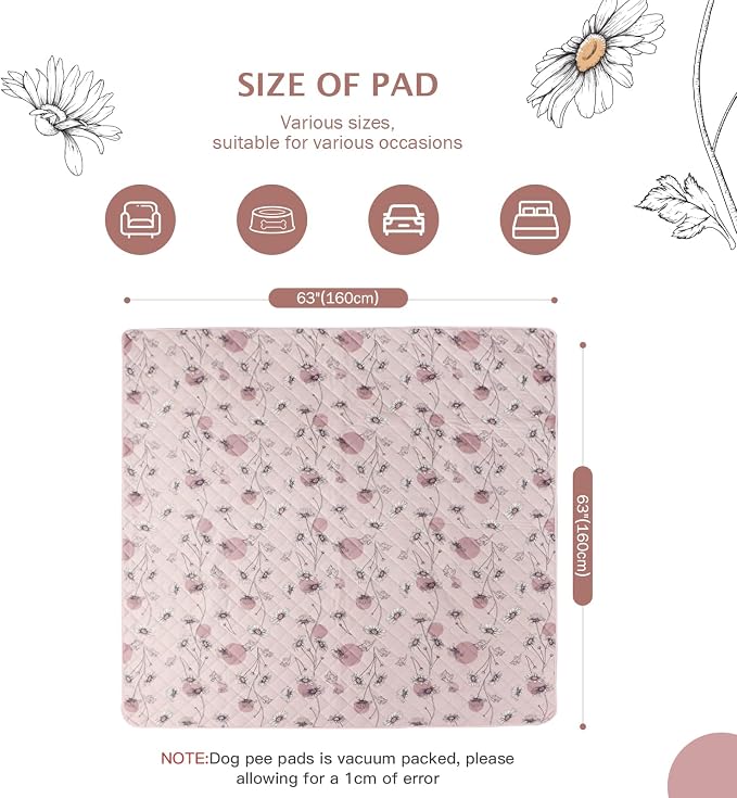 IEUUMLER Washable Pee Pads for Dogs, 1 Pack Non-Slip & Waterproof Pack Whelping Pad, Reusable Washable Puppy Potty Training Pad with Fast Absorbent for Playpen EU007 (Pink Daisy, 63"X63"-1pcs)