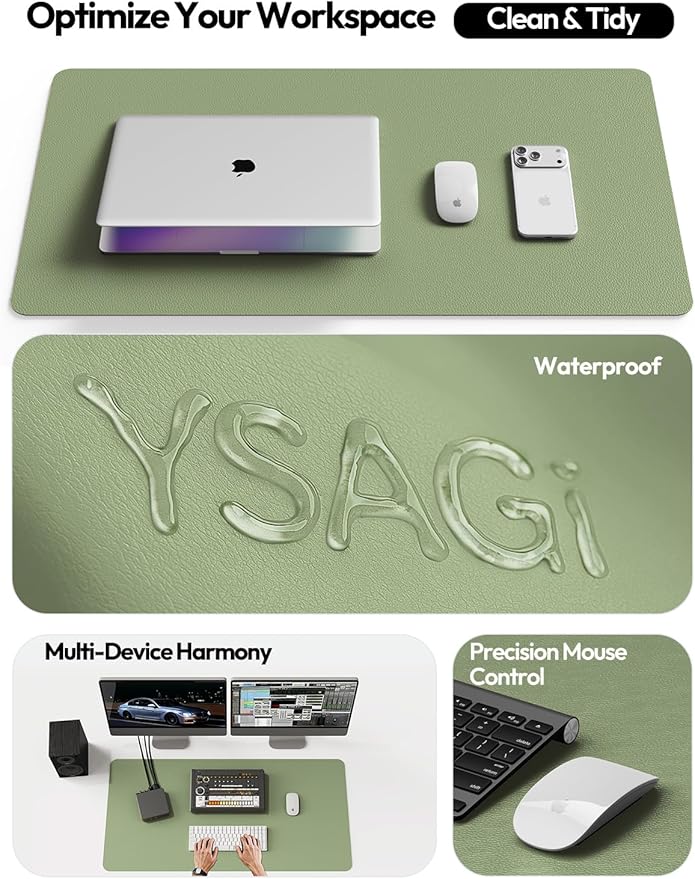 YSAGi Leather Desk Protector, Office Mat, Large Mouse Mat, Non-Slip PU Leather Blotter, Laptop Desk Mat, Waterproof Writing Pad for Office and Home(Bamboo Green, 40" x 24")