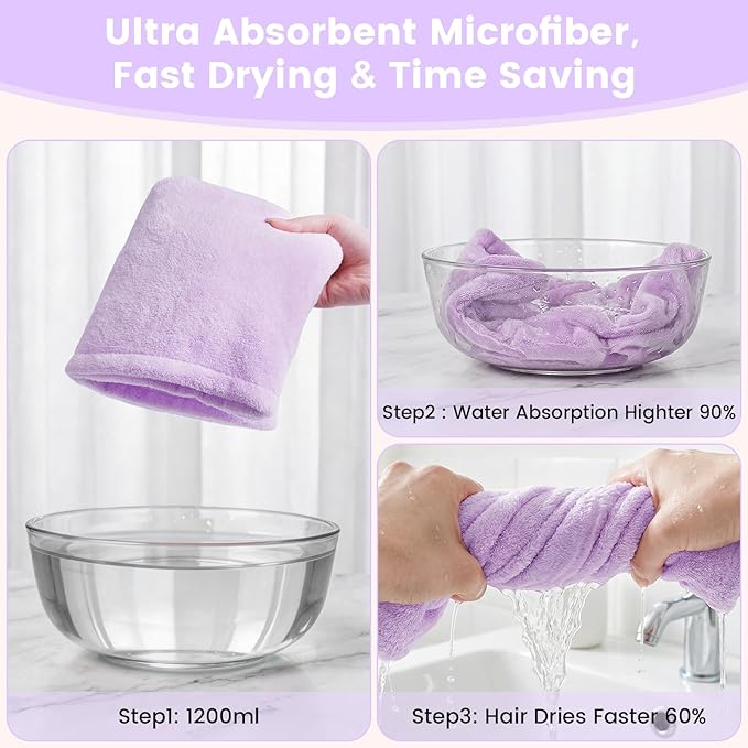 2 Pack Microfiber Hair Towel Wrap for Women, Large Fast Drying Hair Towel Turban, Ultra Thick Anti-Frizz, Double Stitched Edges & Stay in Place No Slip Design for Curly Long Wet Hair(Purple /Lavender)