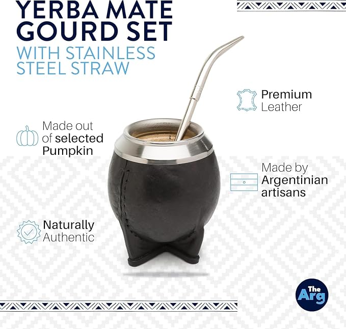 Yerba Mate Gourd Set with Stainless Steel Straw | Handmade Leather Yerba Mate Cup and Bombilla Set from Argentina - Beach Essentials - Idea for Gifts | Travel Cup Mate