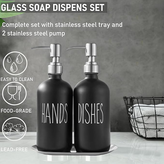 Black Soap Dispenser Set, Glass Soap Dispenser with Stainless Steel Pump & Tray, Farmhouse Hand Soap Dispenser & Dish Soap Dispenser for Bathroom Kitchen Sink(2 Black)