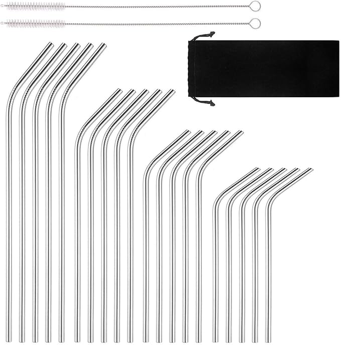 Reusable Stainless Steel Drinking Straws, 20 Pcs 4 Size - 6.3'' 7.1'' 8.5'' 10.5'', BPA Free Long Short Smoothie Drinking Curved Bent Straws With 2 Brushes and Carry bag, Fit for 10/20/30 oz Tumblers