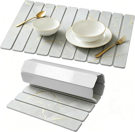 Stone Drying Mat for Kitchen Counter, Quick Diatomaceous Earth Mats for Dishes, 24"L x 16" W Super Absorbent Fast-Drying Collapsible Countertop Stone Mat (Marble White Yellow, 24" x 16")