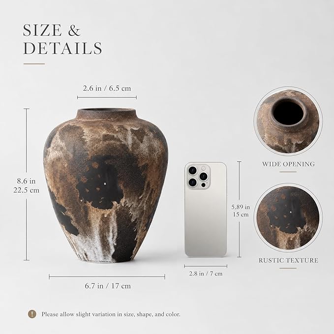 Wabi Sabi Vase 8.6in, Brown Ceramic Vase with Waterproof Coating, Rustic Ceramic Vase for Table Centerpiece, Entryway Shelf Decor, Rustic Farmhouse Pottery Vase