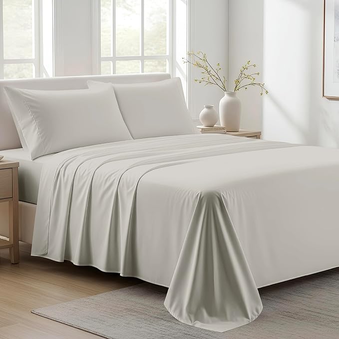 100% Organic Cotton Sheets California King Size - Organic Cotton Cal King Size Percale Weave Sheet Set (4 PC, Light Grey), Soft, Cooling & Crisp, 16" Deep Pocket Hotel Bedding Set