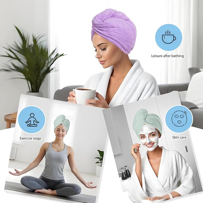 Microfiber Hair Drying Towel Wrap for Women, Hair Turbans Towel for Wet Hair,turbie Twist Hair Towels(The Color of the Picture is for Reference only) (Purple,Light Green)