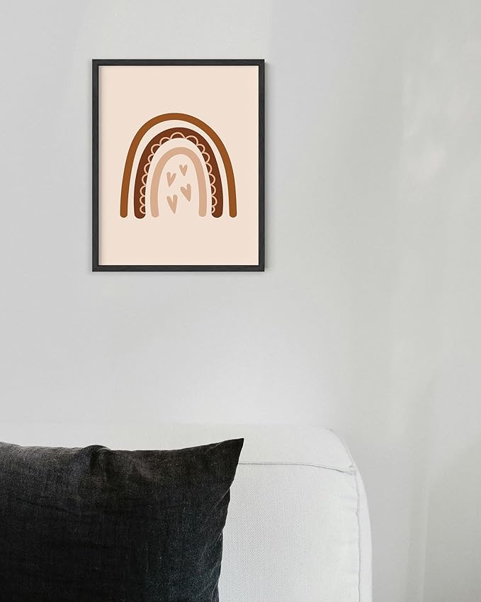 Boho Nursery Rainbow Wall Art with Hearts Earth Tones Terracotta Brown Scandi Minimalist Style 8x10 Inch Oak Wood Black Framed Playroom Decor Print for Kids Room