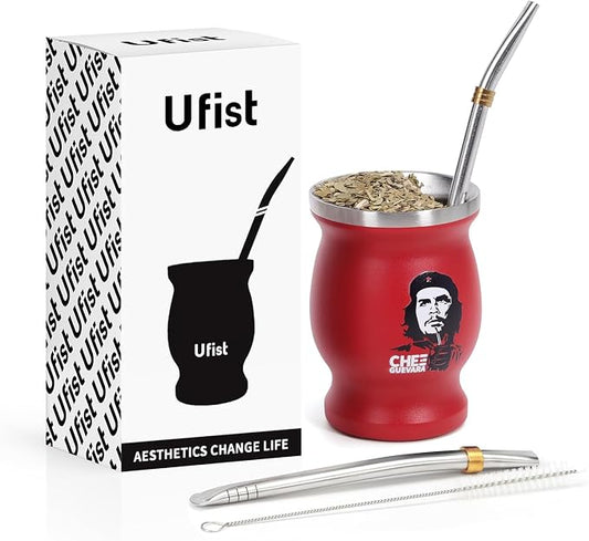 Yerba Mate Cup Set, Includes Stainless Steel Argentina Classic Mate Gourd, 2pcs Bombilla Straws and Clean Brush (Red Che)