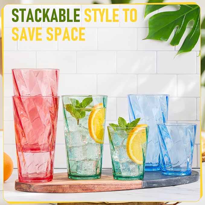 LemonRoad 12 Pack Reusable Plastic Drinking Glasses Set - 20oz &13.5oz Stackable Tumbler, Shatter-resistant Highball Cup for Water, Cocktail, Iced Coffee, Indoor Outdoor, BBQ, Patio, Pool (Multicolor)