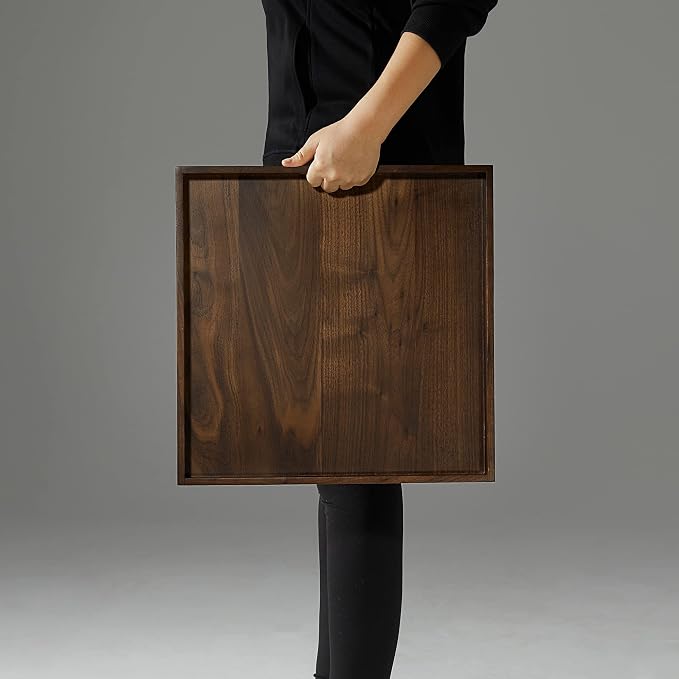 16 x 16 inches Large Square Ottoman Tray Solid Black Walnut Table Platter Decorative Wooden Serving Tray with Handle for Oversized Ottoman Home Breakfast in Bed Tea Coffee